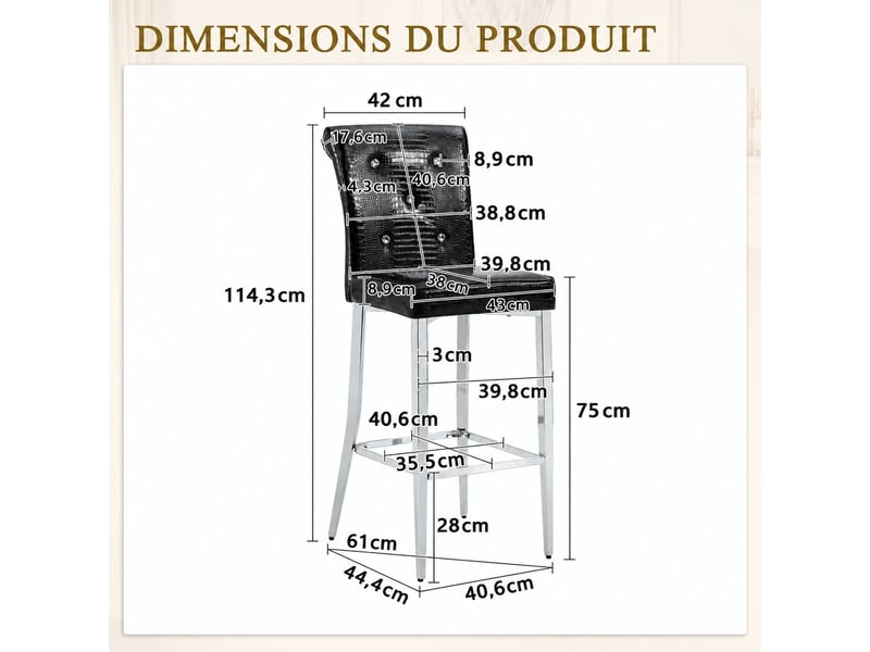  Tabourets de bar par 2, simili effet crocodile noir, pieds chromés, h. 114,3 cm  - Conforama C
