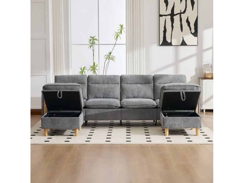 Canapé modulable modenvie 4 places avec deux poufs de rangement en chenille gris clair 261 x 77 x 86 cm - Conforama D