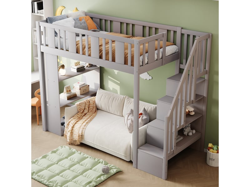 Lit mezzanine enfant 90 x 200 cm gris, échelle avec rangement, grands compartiments, sans matelas  - Conforama D