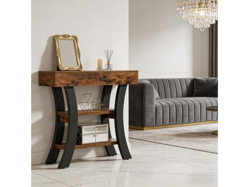  Console avec 3 niches ouvertes style rustique pour entrée, salon, chambre en mdf et métal noir et brun 105 × 30 × 80 cm  - Conforama B