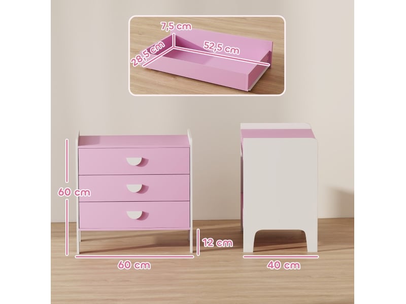  Commode enfant à 3 tiroirs 60 x 40 x 60 cm rose et blanc, en bois, rangement vêtements et jouets  - Conforama C