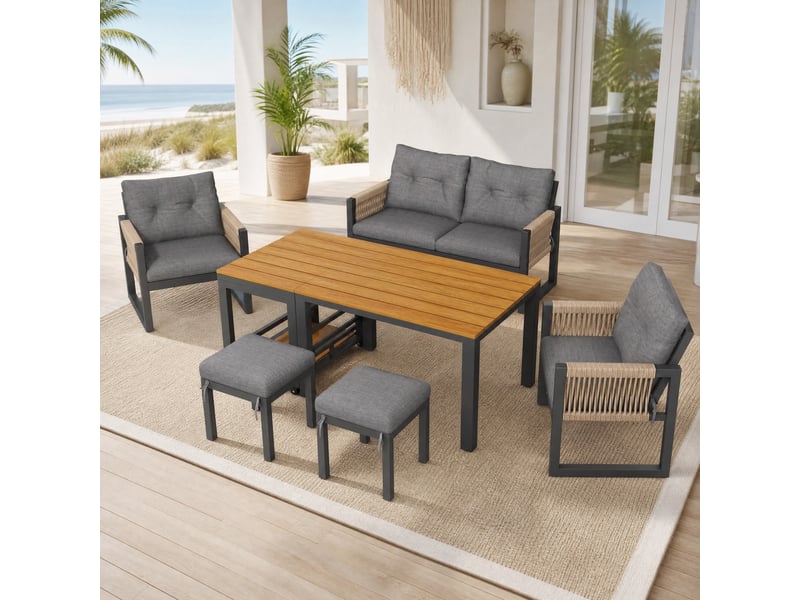 Salon de jardin 6 pièces gris, table amovible et coussins épais, idéal pour terrasse, balcon et espace extérieur - Conforama B