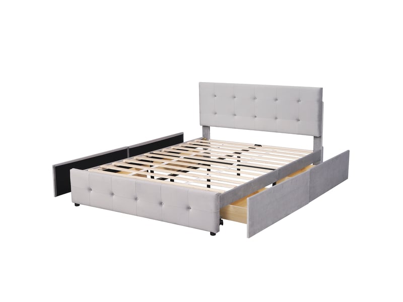 Lit double 140 x 200 cm gris en velours, tiroirs de rangement, lattes et dossier confortable, sans matelas  - Conforama A