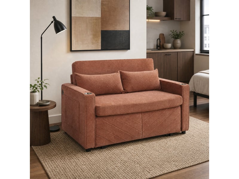  Canapé convertible 2 places avec ouverture coulissante et ports usb  - structure en bois, tissu orange  - Conforama B