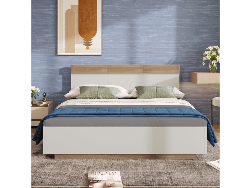 Lit double 140 x 200 cm effet suspendu avec tête et sommier, blanc et décor chêne - Conforama E