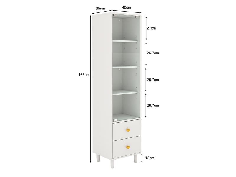  Vitrine led 165x40x35 cm – blanc – portes vitrées, 2 tiroirs et rangement en hauteur  - Conforama C
