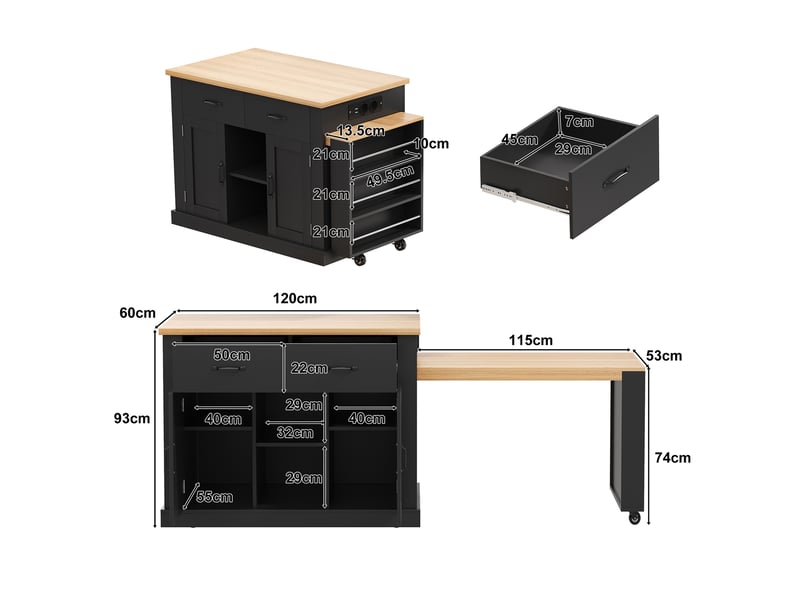 Desserte de cuisine avec 2 portes, 2 tiroirs, table extensible et prises pour cuisine en mdf, 132×70×90 cm, noir - Conforama D