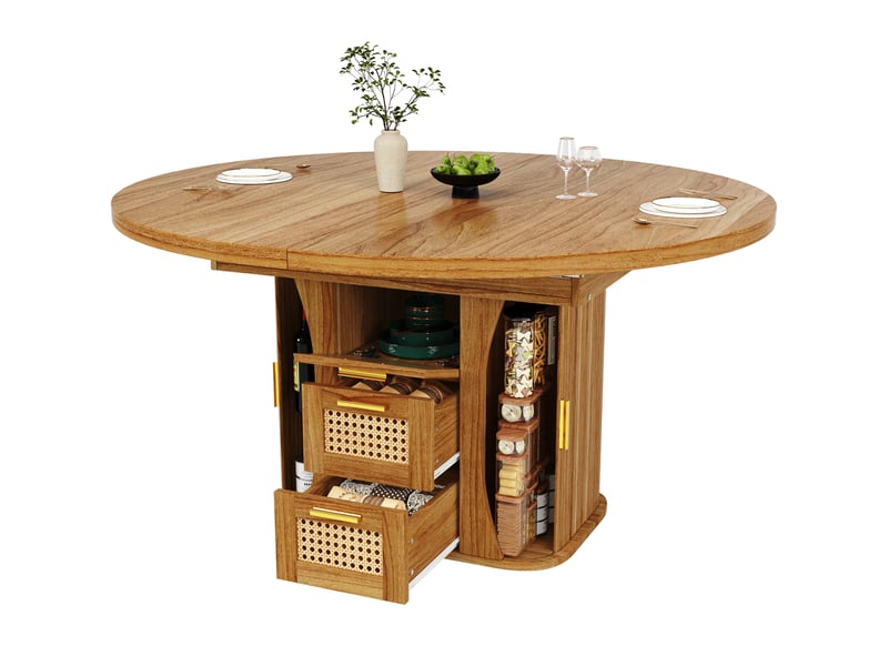 Table extensible avec tiroirs de rangement aspect rotin, structure stable en mdf chêne, pour la salle à manger - Conforama A
