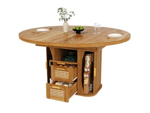 Table extensible avec tiroirs de rangement aspect rotin, structure stable en mdf chêne, pour la salle à manger