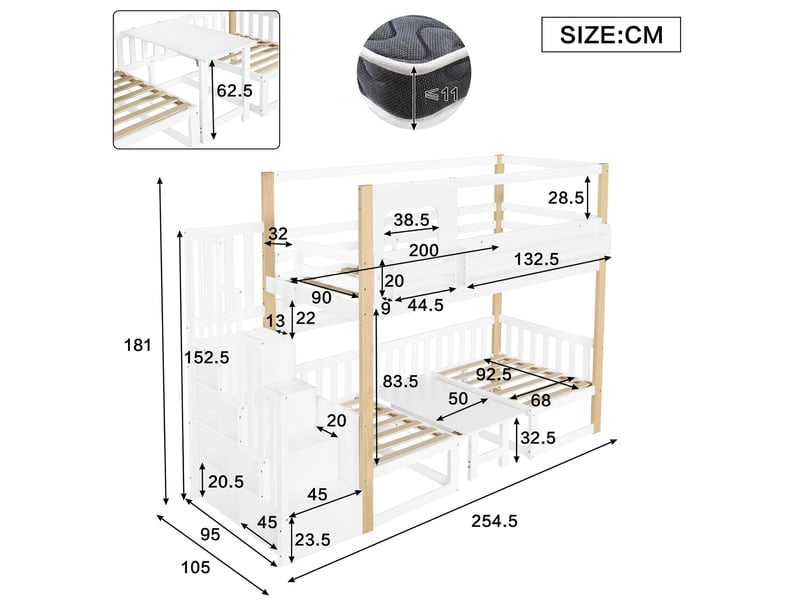  Modenvie lit mezzanine enfant 90x200 cm - table escamotable, escalier de rangement, sans matelas - blanc et naturel  - Conforama C