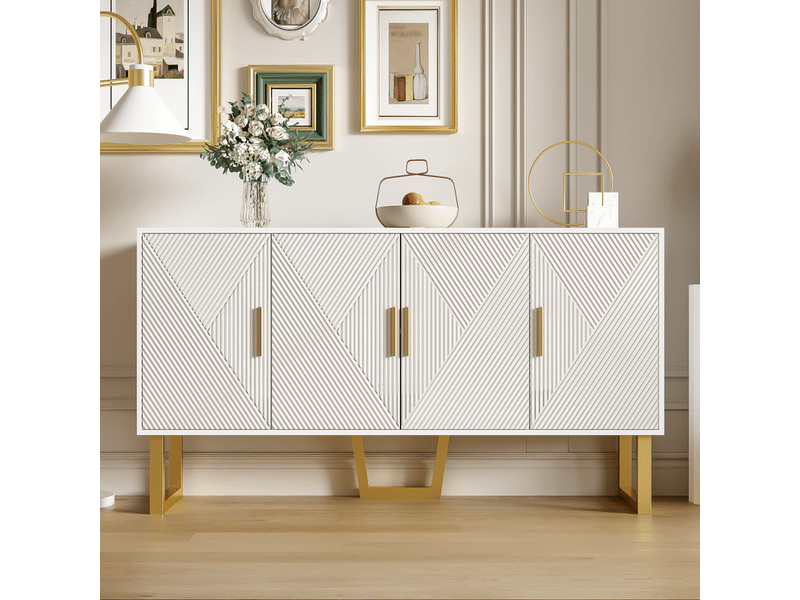  Buffet cuisine blanc, avec 4 portes brillantes, étagères réglables et poignées dorées, 150 x 40 x 82 cm, armoire pour salon  - Conforama D