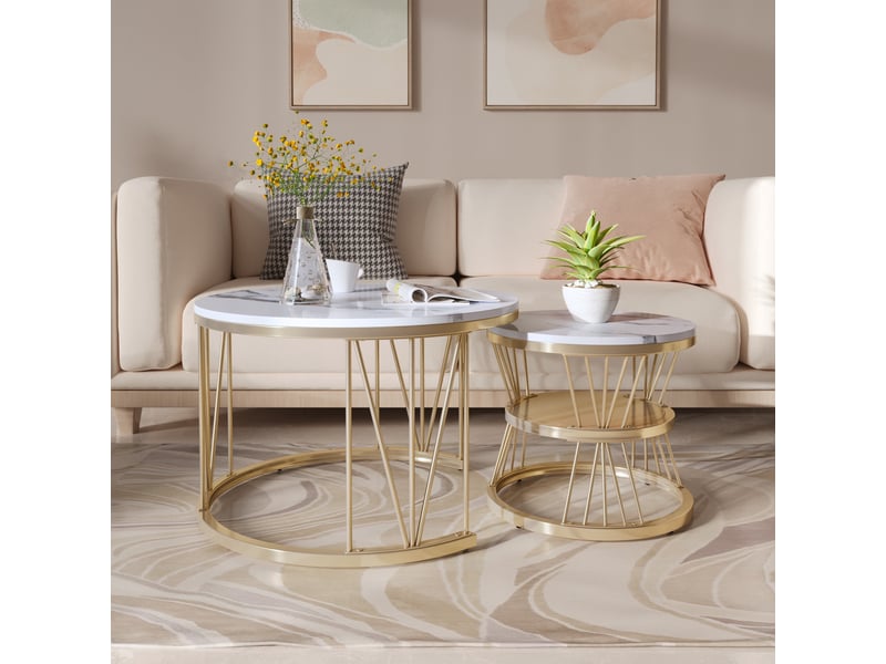  Lot de 2 tables basses - 70x70x45cm - table de salon gigognes rondes, effet marbre blanc, structure métallique v - doré  - Conforama B