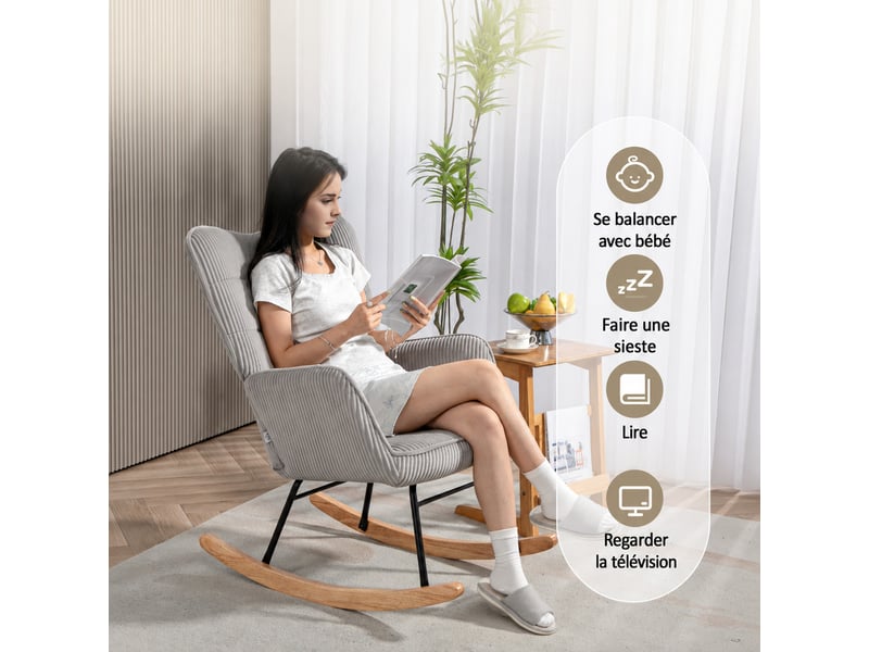  Fauteuil à bascule, fauteuil à bascule à motif cordé, accoudoirs, fauteuil à bascule avec patins en bois, fauteuil relax pour salon, chambre, gris clair  - Conforama D
