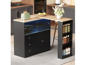 Îlot de cuisine extensible 172x40x96 cm noir avec 3 tiroirs et led rgb