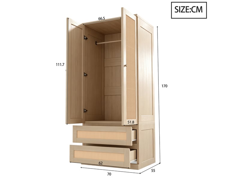  Armoire de chambre 70 x 55 x 170 cm avec tiroirs et étagères, façades imitation rotin, grande rangement, design moderne, naturel Sol Morn - Conforama C