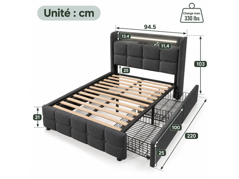  Lit simple rembourré 90 x 200 cm, tête de lit led, 2 usb + 2 prises, 2 tiroirs, sommier à lattes, matelas h3 inclus, gris  - Conforama C