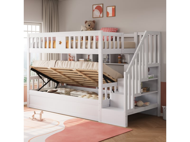  Lit superposé 90*200cm en bois blanc, lit bas hydraulique, marche-coffre, étagères, idéal chambre ado.  - Conforama C