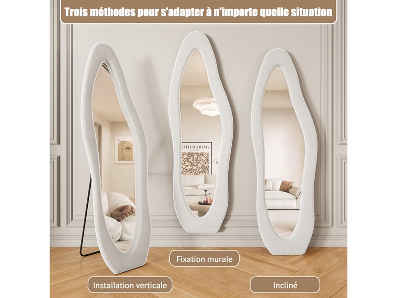 Miroir au sol design ondulé, 160×50 cm, cadre bouclette blanc, miroir pleine longueur mural ou sur pied - Conforama E