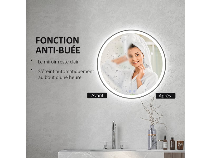 Miroir rond lumineux led de salle de bain mural avec éclairage 3 couleurs interrupteur tactile 23w blanc argent ø 70 cm - Conforama R