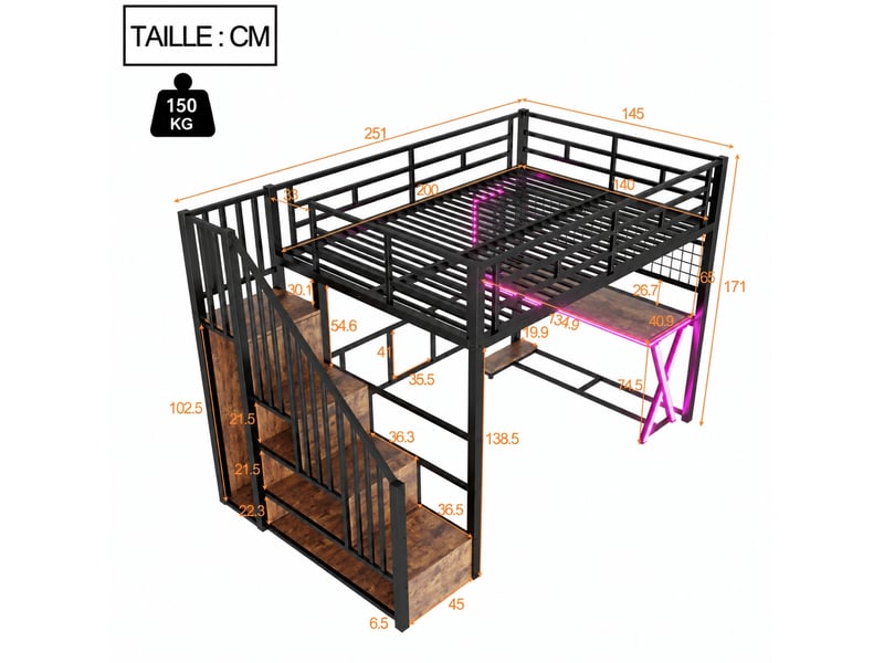  Lit mezzanine 140 x 200 cm avec bureau, armoire et éclairage led, structure métal et mdf, noir  - Conforama C
