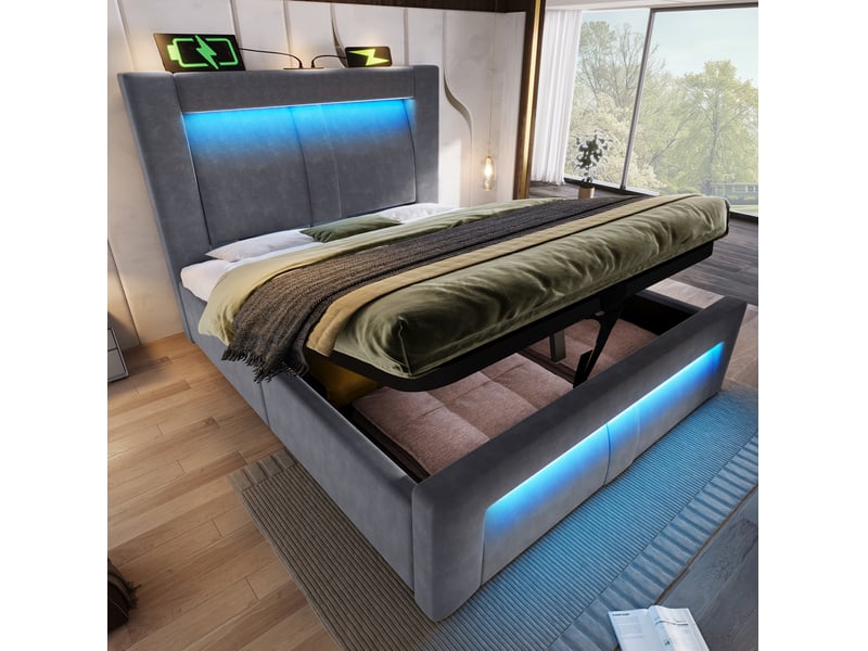  Lit coffre 90x200 cm avec éclairage led et ports de charge en velours gris  - Conforama D