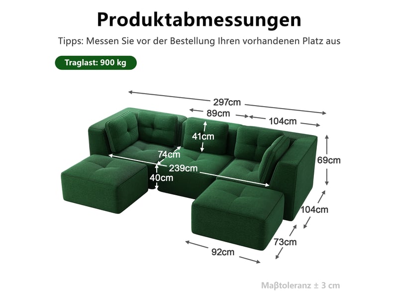  Canapé panoramique modulable 3 places velours côtelé vert – 297 x 177 x 69 cm Fay Lum - Conforama C