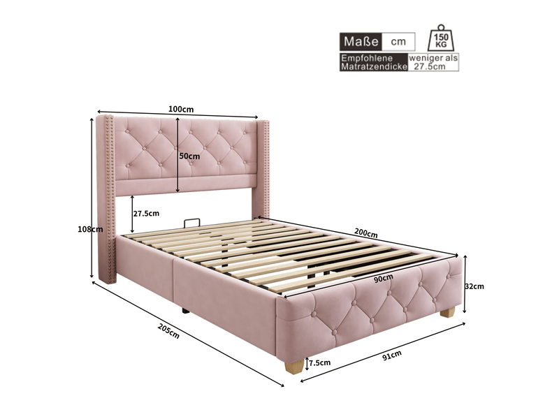  Lit simple 90x200 cm en velours rose avec sommier à lattes et tête de lit  - Conforama E