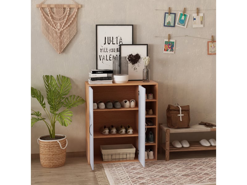  Étagère à chaussures murale mince, meuble multifonctionnel avec 2 portes et étagères réglables pour chambre et entrée, en bois, 80 x 32 x 91 cm  - Conforama C