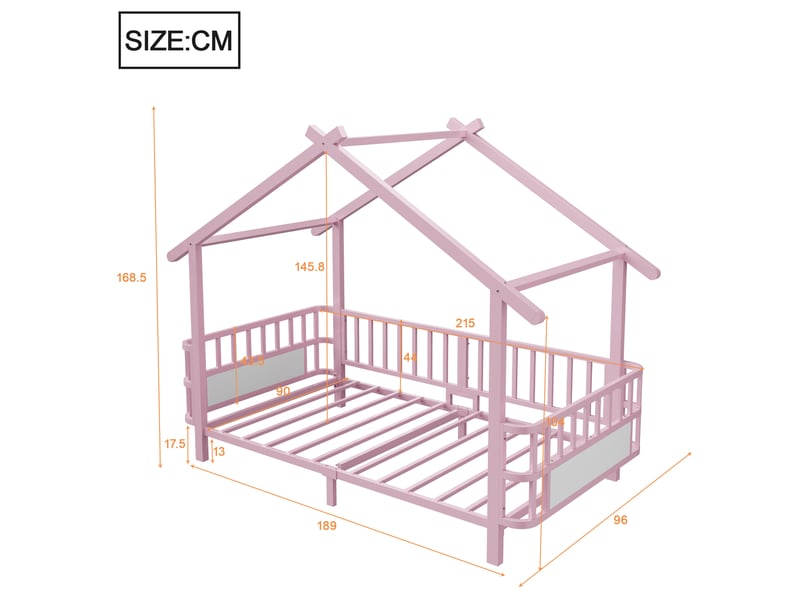  Lit cabane enfant 90x200 cm - cadre maison avec barrières de sécurité - structure en métal - lit 1 place - rose  - Conforama C
