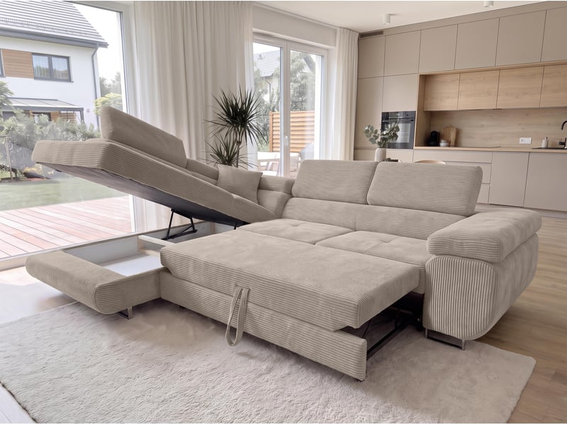  Canapé convertible modèle l 276 cm avec coffre et têtières – beige Konak - Conforama C