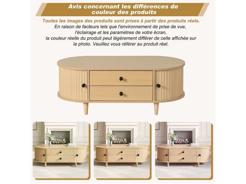  Table basse avec 2 tiroirs et portes coulissantes, rangement discret pour salon, 100 × 50 × 36 cm, en mdf, bois clair  - Conforama E