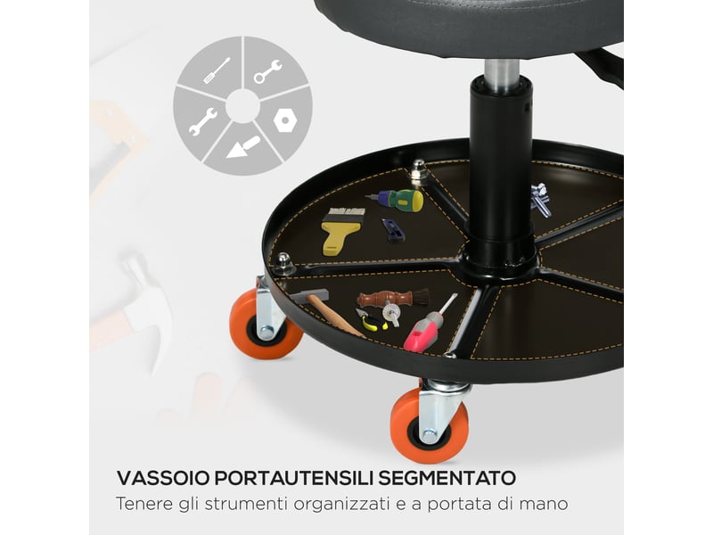  Tabouret d'atelier avec roulettes et porte-outils à hauteur réglable et pivotant de ø40x25-48 cm en noir  - Conforama E