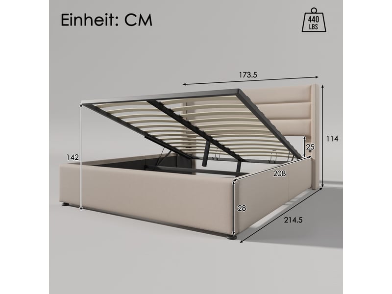  Lit coffre 160x200 cm rembourré, rangement hydraulique, tête de lit capitonnée en lin beige, sommier relevable  - Conforama C