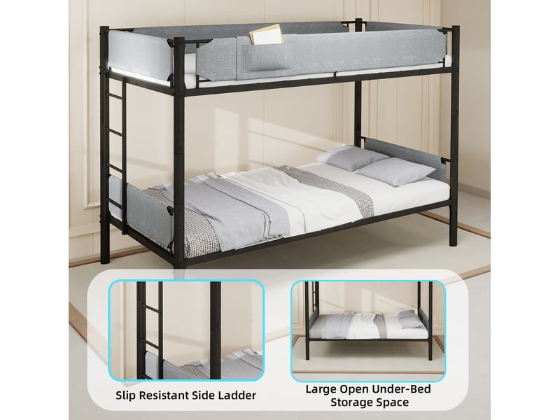 Lit superposé séparable en 2 lits 90x190 cm, barrières amovibles en lin, métal noir, sans matelas - Conforama E