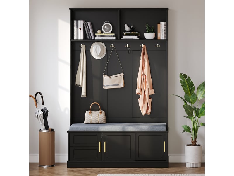  Meuble d'entrée avec banc, range-chaussures et 6 patères triples, rangement ouvert pour couloir, noir, 120 × 40 × 191 cm  - Conforama B