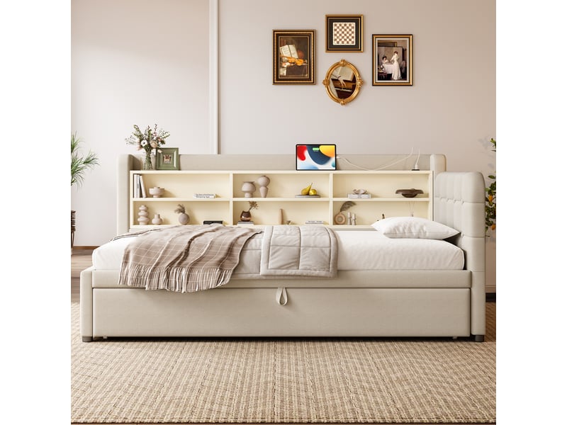  Lit banquette 90x200 avec lit gigogne extensible 180x200, ports usbtype-c et rangements, en lin beige  - Conforama B