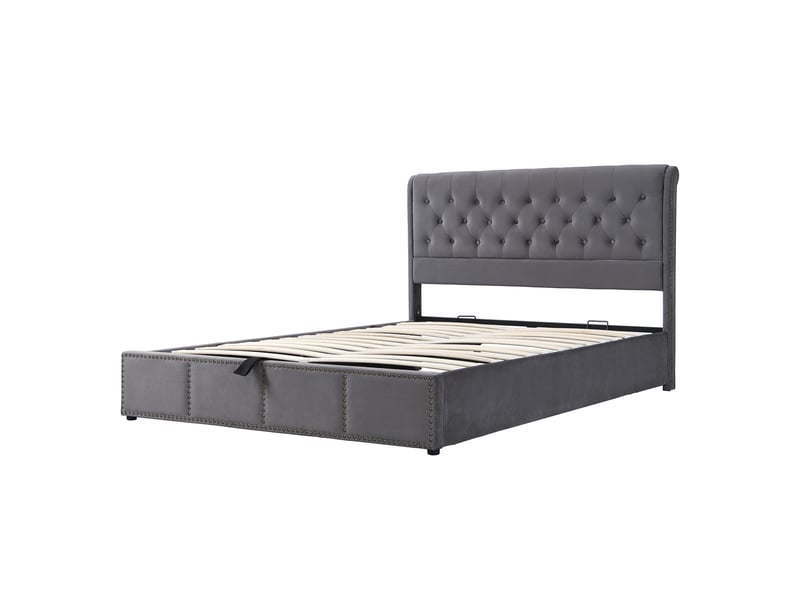  Lit coffre enfant 140x190 cm avec tête de lit et sommier, rangement et décor à rivets, velours, gris, sans matelas  - Conforama A