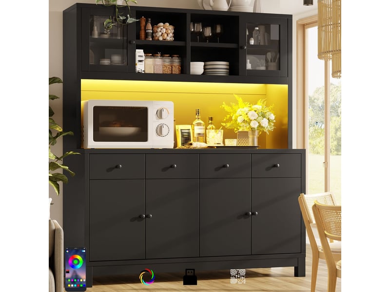 Buffet 140 x 38 x 180 cm à portes vitrées éclairage led rgb piloté par application 4 tiroirs étagères réglables charge jusqu’à 100 kg coloris noir - Conforama E