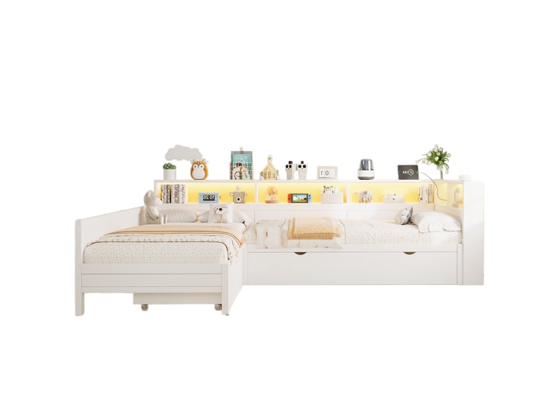 Lit enfant en l 90 x 200 cm avec tiroir, lit gigogne avec led, rangement et sommier, prise usb, mdf, blanc sans matelas  - Conforama A