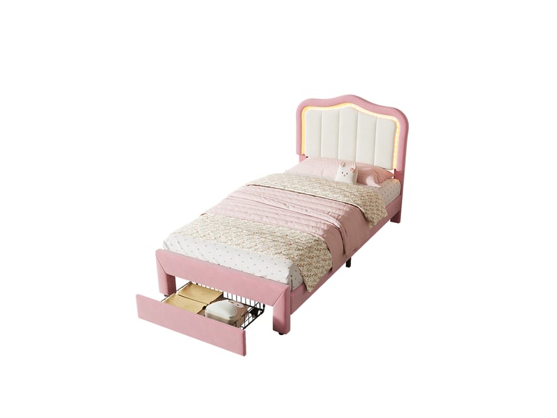  Lit enfant simple 90×200 cm avec tiroir et led pilotée par application - okmyhome- rose, sans matelas  - Conforama A