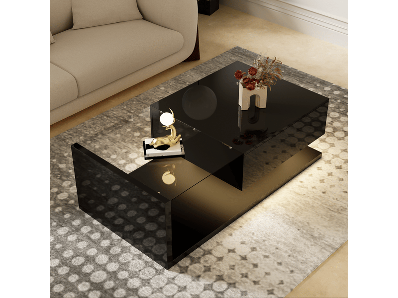 Table basse 105x55x32,5 cm avec verre trempé et led, panneau de particules, noir  - Conforama W