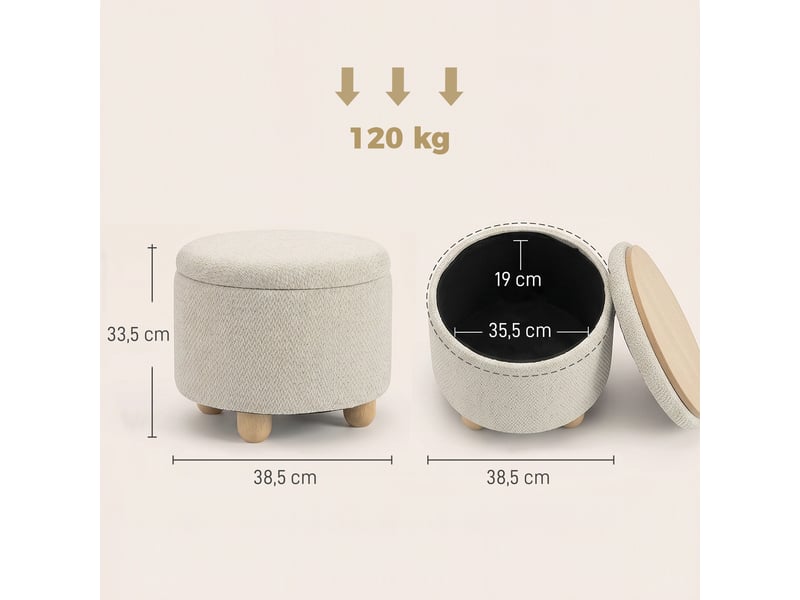  Pouf coffre de rangement rond en toile de jute, repose-pieds avec couvercle, beige, pieds bois hévéa  - Conforama C