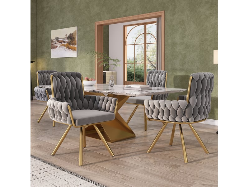 Lot de 6 chaises de salle à manger, en tissu velouté gris+doré, avec accoudoirs, pivotantes, pieds métalliques - Conforama E
