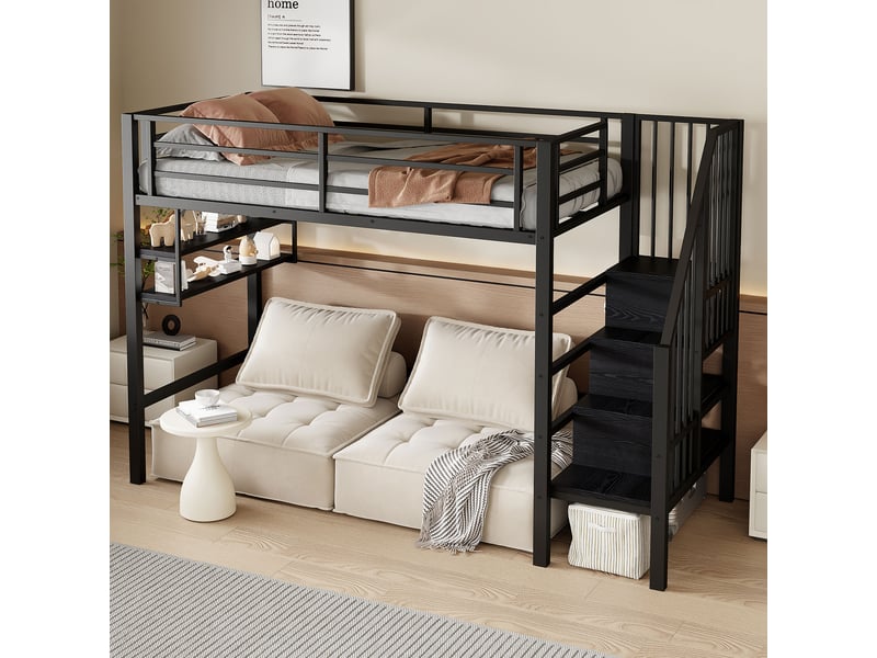 Lit mezzanine enfant 90x200 cm, espace de rangement, étagères, garde-corps, sommier, métal noir, sans matelas - Conforama W