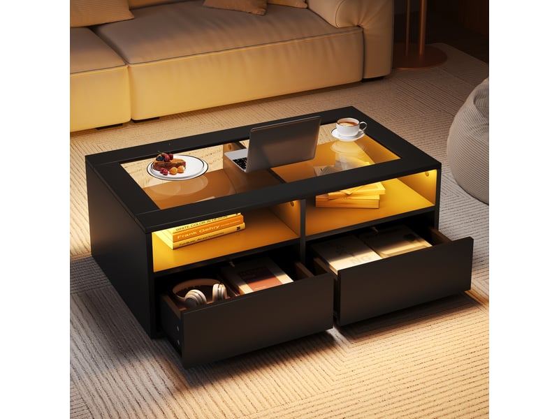  Table basse noire led en verre trempé avec 2 tiroirs et rangement ouvert 100x50x35 cm  - Conforama E