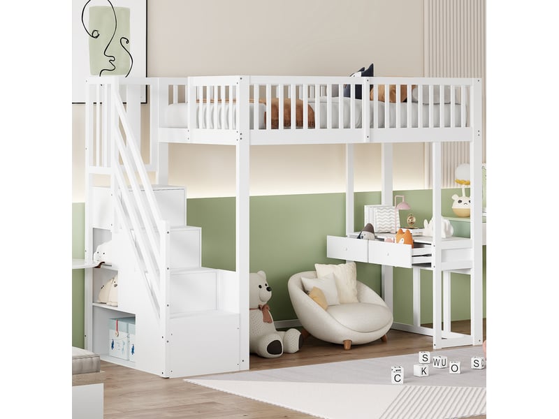  Lit mezzanine, 90x200 cm, lit en hauteur, avec bureau, escalier de rangement, matelas non inclus, bois, coloris blanc  - Conforama E