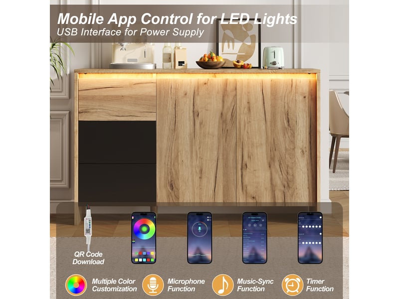 Buffet avec led multicolore 2 portes 3 tiroirs meuble de rangement bois et noir 120 cm - Conforama B