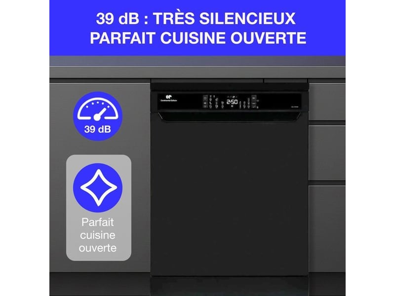 Lave-vaisselle pose libre continental edison - 15 couverts - largeur 59,8 cm - classe d - moteur induction - 39 db - noir CELV1539IB - Conforama C