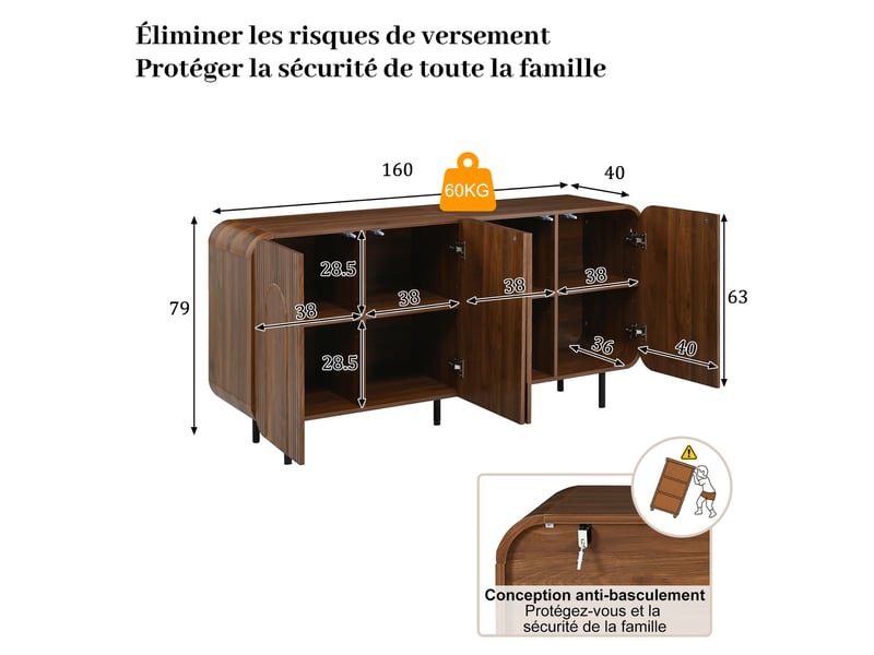 Buffet de rangement 160x40x79 cm, 4 portes, 8 compartiments, étagères réglables, façades en relief, pieds métal pour salon - noyer - Conforama C