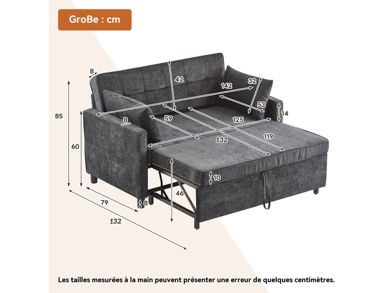 Canapé convertible clic-clac 2 places 142 x 79 x 85 cm, dossier réglable 2 positions, tissu chenille, gris  - Conforama C